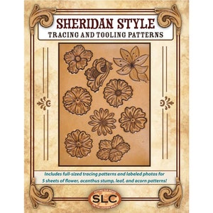 Op de afbeelding: Sheridan Style Tracing- en Prägpatronen. Een set van 9 lederen prägpatronen met bloemen, bladeren en andere ontwerpen. Bevat 5 vellen met full-size tracingpatronen en gelabelde foto's.