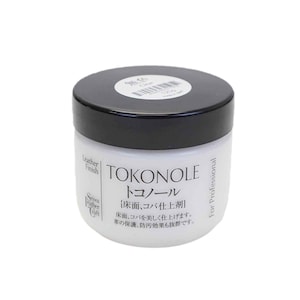 May include: A white jar of leather finish with the text "TOKONOLE トコノール [床面、コバ仕上剤] 床面、コバを美しく仕上げます。 革の保護、防汚効果も抜群です。" and "Leather Finish" and "For Professional" on the label.