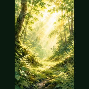 May include: A vertical digital illustration of a lush forest scene featuring tall trees with vibrant green leaves and mossy trunks. Sunlight streams through the canopy, creating bright beams that illuminate a small, winding dirt path below.