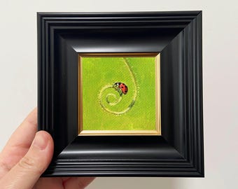 Mini Ladybug Oil Painting – 3x3 Inch Original Framed Artwork, Tabletop Decor, children's room decor