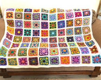 Crochet afghan, coloured blanket, kaleidoscope granny square 55 x 68, white border, READY TO SHIP