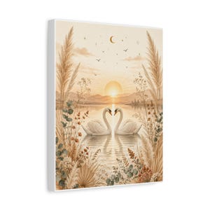 Swans Heart Sunset Canvas Print, Romantic Boho Wall Art, Anniversary Wedding Gift Decor, Pampas Grass Love Print, Golden Hour Lake Art