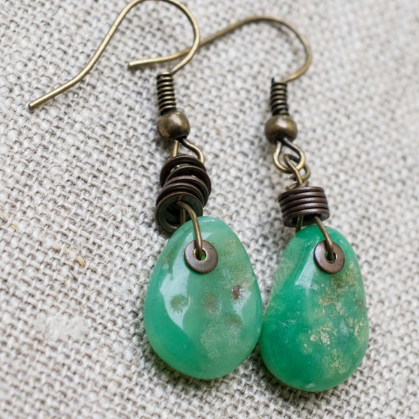 Rough chunk amazonite and antique bronze earrings, green earrings, dangle earrings, gemstone earrings