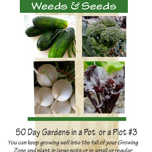 May include: A collage of four images showing different vegetables. The top left image shows cucumbers, the top right image shows broccoli, the bottom left image shows radishes, and the bottom right image shows red leaf lettuce. The text "50 Day Gardens in a Pot or a Plot #3" is at the bottom of the image. The text "Mizz Tizzy's Weeds & Seeds" is at the top of the image.