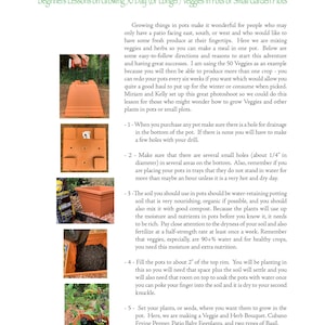 May include: A close-up of a gardening guide with instructions on how to grow vegetables in pots. The guide includes tips on choosing the right pot, soil, and drainage. It also features a list of vegetables that can be grown in pots, such as peppers, eggplants, and basil.
