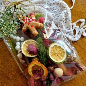 May include: A clear plastic bag filled with holiday potpourri, including dried orange slices, green cedar sprigs, red berries, white pom-poms, and a small gingerbread person ornament with a red and white checkered scarf, tied with a jute twine bow.
