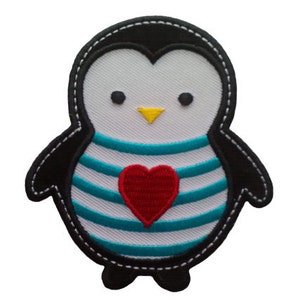 Iron on Patch/ Penguin Applique - Penguin Patch - Embroidered Heart - Kids