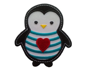 Iron on Patch/ Penguin Applique - Penguin Patch - Embroidered Heart - Kids