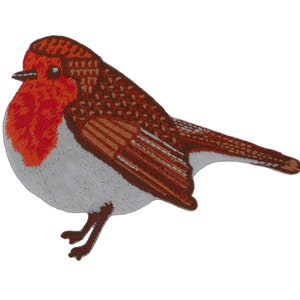 May include: Embroidered iron-on patch of a red-breasted robin with brown wings and a white belly.