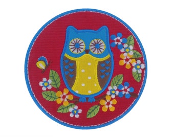 Owl Iron on Patch Applique - Embroidered Owl/Flowers