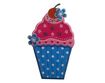 Iron on Patch Cupcake Applique - Embroidered Patch - Pink- Polka Dot