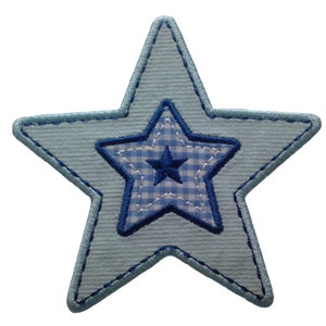 Blue Star Iron on Patch Applique - Corduroy Star - Blue Gingham