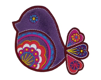 Iron on Patch Boho Bird Purple Applique - Velvet Embroidered Patch Bird