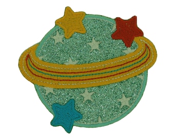 Planet Iron on Patch/Glitter Applique  Planet - Embroidered stars