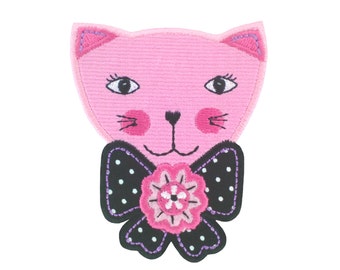 Cat Iron on Patch/Applique Cat Patch/Embroidered Patch/Pink Cat/Polka Dot Bow