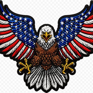 May include: An embroidered patch featuring a bald eagle with wings spread wide. The wings display a pattern of red and white stripes with blue sections containing white stars. The eagle has a white head, brown body, yellow beak, and yellow talons.