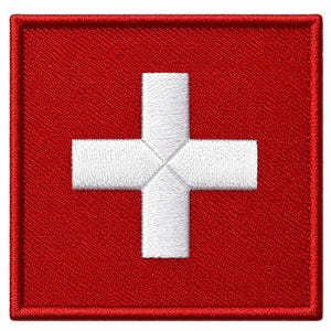 May include: A square embroidered patch featuring a vibrant red background with a centered white cross. The design is stitched with a visible thread texture, creating a raised effect on the fabric surface, with a finished border around the edges.