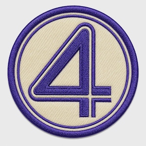 May include: A circular embroidered patch featuring a bold, dark purple number four centered on a cream-colored background. The design is enclosed by a thick, dark purple stitched border, creating a clean, defined edge for this textile accessory.