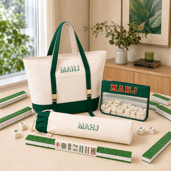 Set di borse per Mahjong, borsa per rack da Mahjong, borsa in tela da 3 pezzi con custodia trasparente per tessere e porta spingitore, organizer portatile per serate di gioco, idea regalo
