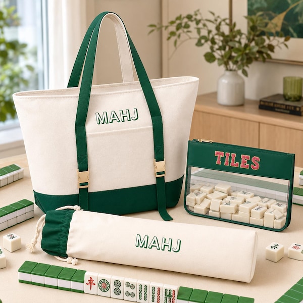 Mahjong Bag Set, Mahjong Rack Bag ,3 Piece Canvas Tote with Clear Tile Pouch and Pusher Holder, Portable Game Night Organizer Gift
