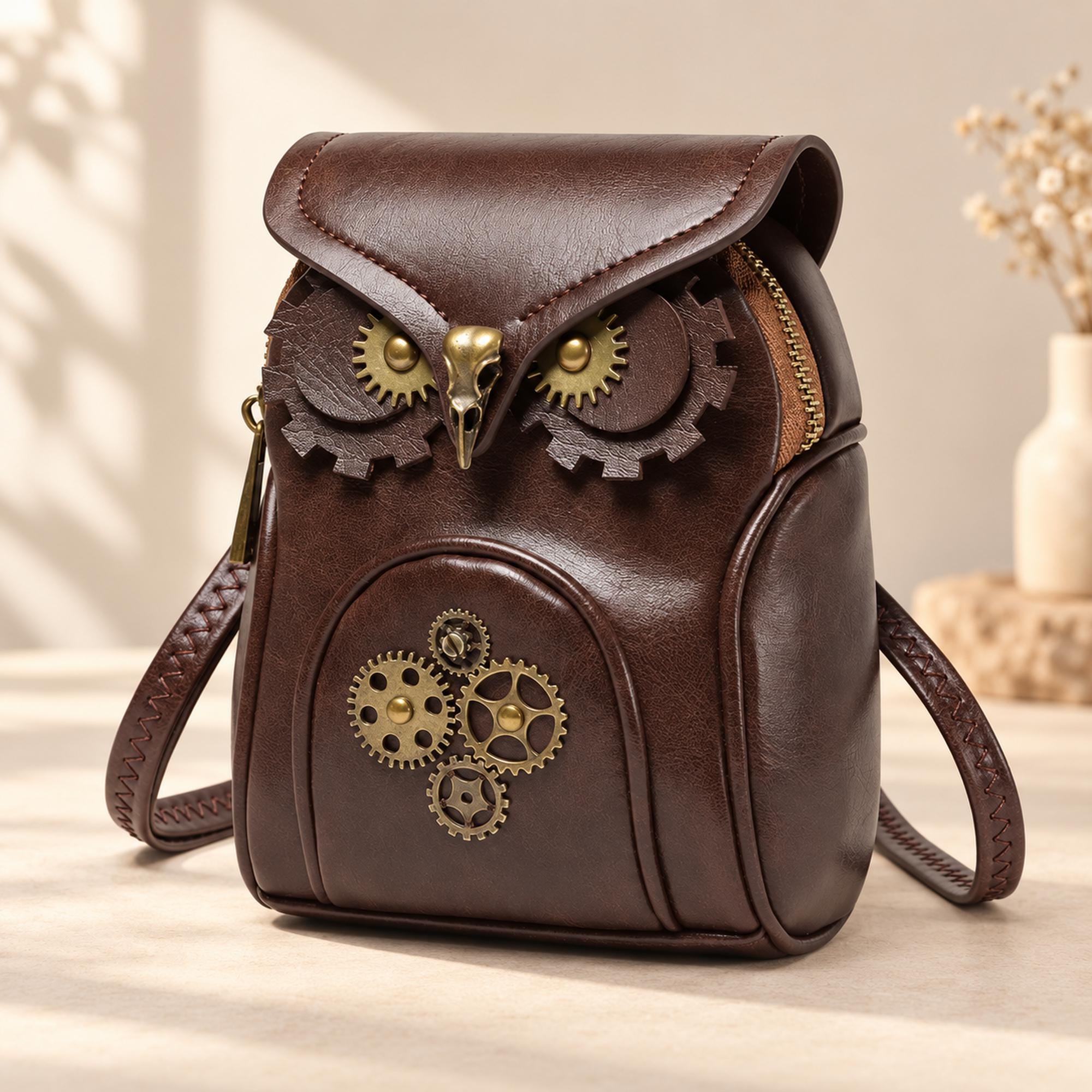 Steampunk Owl Crossbody Bag, Brown Faux Leather Gothic Purse with Gear Accents