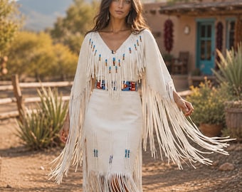 Women White Leather Fringe - Handmade Beaded Native Inspired Western Boho Powwow Regalia Festival Dress