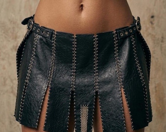 Black Leather Gladiator Skirt | Edgy Faux Leather Panel Mini | Rave Festival Outfit | Gothic Clubwear