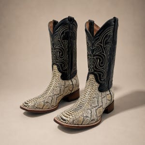 Puede incluir: Un par de botas vaqueras con caña de cuero negro con intrincadas costuras decorativas y un pie de cuero texturizado con patrón de piel de serpiente en tonos crema y bronceado. Las botas tienen punta cuadrada y tacón de madera marrón.