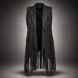 May include: A sleeveless black vest featuring long fringe detailing along the front lapels and hem. The garment includes metal eyelet accents lining the fringe edges, a notched collar, and two horizontal flap pockets on the lower front panels.