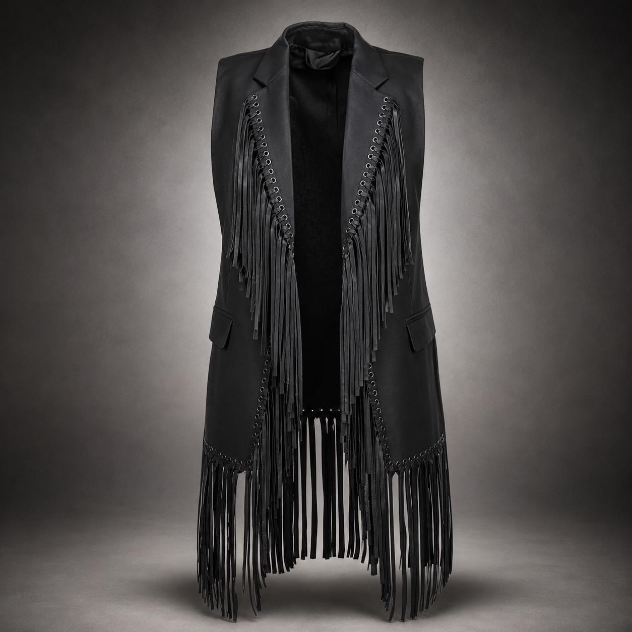 Black Suede Leather Fringe Vest Women Western Boho Festival