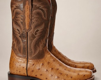Men’s Cognac Full Quill Ostrich Cowboy Boots, Square Toe Western Boots for Men, Genuine Leather Ranch, Rodeo Footwear