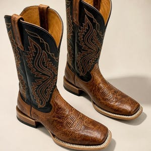 Stivali da cowboy in pelle marrone da uomo, stivale western a punta quadrata, stivali da equitazione da ranch fatti a mano, stile cowgirl ricamato, stivali vintage