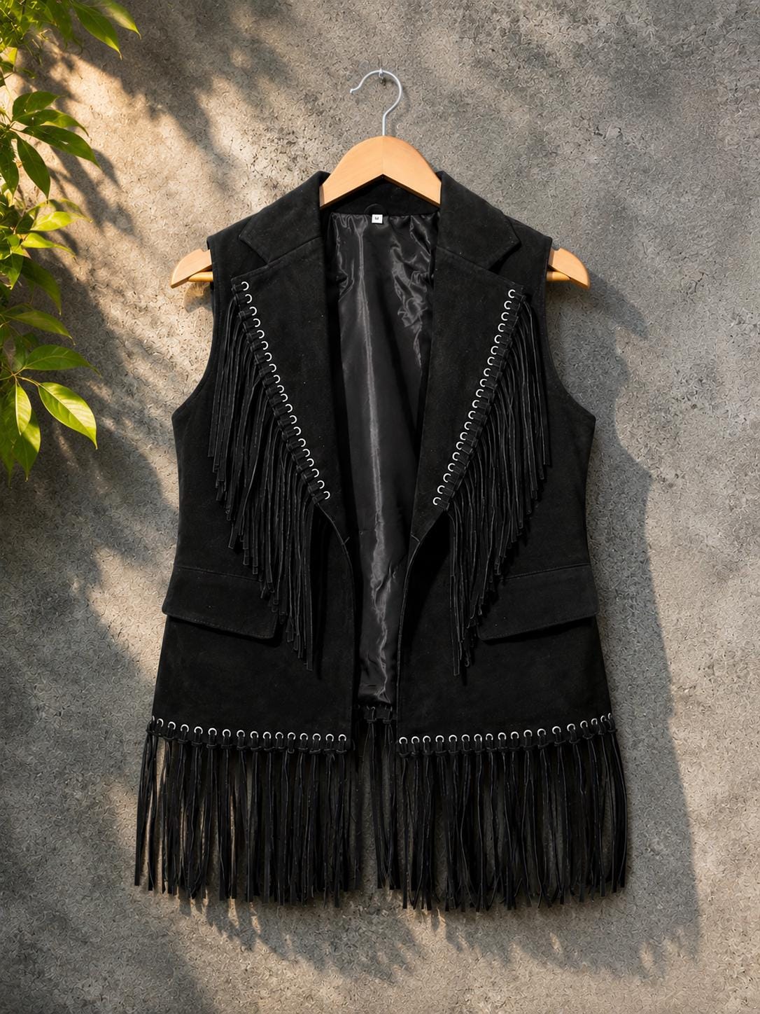 Black Suede Leather Fringe Vest Women Western Boho Festival