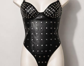 Zwarte body met studs voor dames, leren rave-outfit, punkrock korsettop, gothic festivalkleding