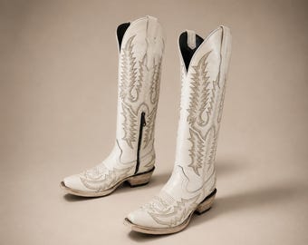 White Leather Cowboy Boots for Women, Handmade Western Knee High Boots, Embroidered Cowgirl Boots, Country Wedding Riding Boots