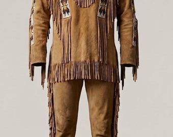 Handcrafted Beige Suede Buckskin Shirt & Pant Set, Traditional Beaded Powwow Regalia, Native Style Outfit