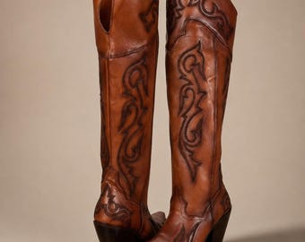 Handmade Brown Leather Cowboy Boots for Women, Knee High Western Cowgirl Boots, Embroidered Riding , Rustic Country Footwear