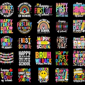 Può includere: Una collezione di venticinque disegni grafici colorati su sfondo nero, con varie illustrazioni di matite, mele, arcobaleni e scuolabus con il testo ripetuto Happy First Day of School e Bruh We Back.