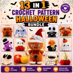 Könnte beinhalten: Ein 13-in-1-Häkelmuster-Paket für Halloween mit einer Sammlung von Plüschfiguren, darunter ein Lebkuchenmännchen, ein Skelett, Kürbisse, ein Geist, eine Mumie und verschiedene Kreaturen. Das digitale Dokument enthält PDF-Anleitungen.