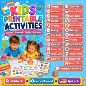 Könnte beinhalten: Eine digitale Sammlung von druckbaren Aktivitäten für Kinder auf blauem Hintergrund mit dem Titel Kids Printable Activities. Das Bild zeigt eine Liste von Bildungsthemen wie Alphabet, Zahlen und Nachspuren sowie zwei Kinder, die Arbeitsblätter nutzen.