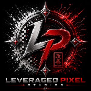 May include: A graphic logo featuring the letters LP in a stylised, sharp font. The left side is silver and white with a pixelated pattern, while the right side is red with circuit board lines. A red box contains the text KAIZEN. LEVERAGED PIXEL STUDIOS text below.