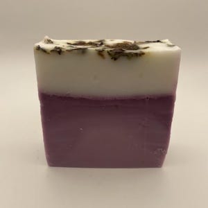 May include: A rectangular bar of soap featuring a two-tone design. The bottom half is a solid, smooth purple color, while the top half is white and topped with scattered, dried dark brown botanical pieces embedded into the surface of the soap.