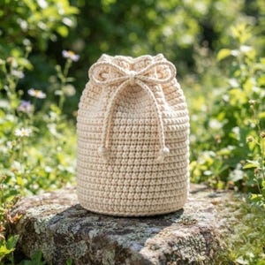 May include: A cream-colored cylindrical crochet bag featuring a drawstring closure with two thick braided cords tied in a bow at the top. The bag is constructed with a dense, uniform stitch pattern and has a flat circular base for stability.