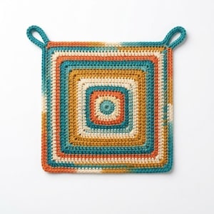 May include: A square crochet potholder featuring a concentric pattern of alternating colours including teal, mustard yellow, cream, and burnt orange. The design includes two small loops at the top corners for hanging, crafted with a textured yarn stitch.