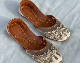 Handmade Dabka Work Khussa Mules | Gold Beaded Embroidery Leather Bridal Shoes