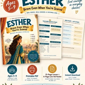 May include: A digital Bible lesson for kids ages 5-9 titled Esther: Brave Even When You're Scared. The set includes a cover page with an illustration of Queen Esther, a teacher quick start guide, and a student activity page for instant download.