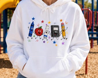 School Supplies Characters Hoodie | Apple Crayon Pencil Notebook Design