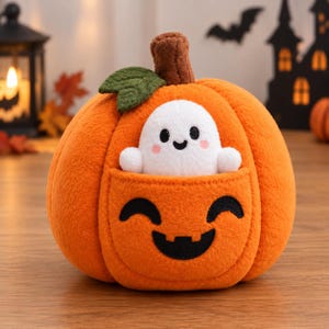 May include: A plush orange pumpkin toy with a brown stem and a green leaf. The pumpkin features a black felt jack-o'-lantern face and a front pocket containing a small, white, soft ghost figure with black eyes, a smile, and pink cheeks.