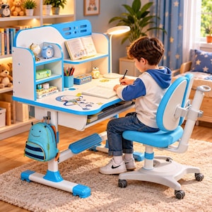 May include: A white and blue children's desk and chair set featuring a built-in hutch with shelves, a desk lamp, a blue backpack hanging on the side, and an astronaut graphic on the desktop surface, designed for study and organization.