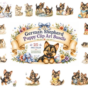 Op de afbeelding: Een digitale collectie van 25 illustraties in aquarel-stijl met Duitse herder-puppy's in diverse houdingen, spelend met speelgoed, zittend of rustend, rondom een banner met de tekst German Shepherd Puppy Clip Art Bundle.